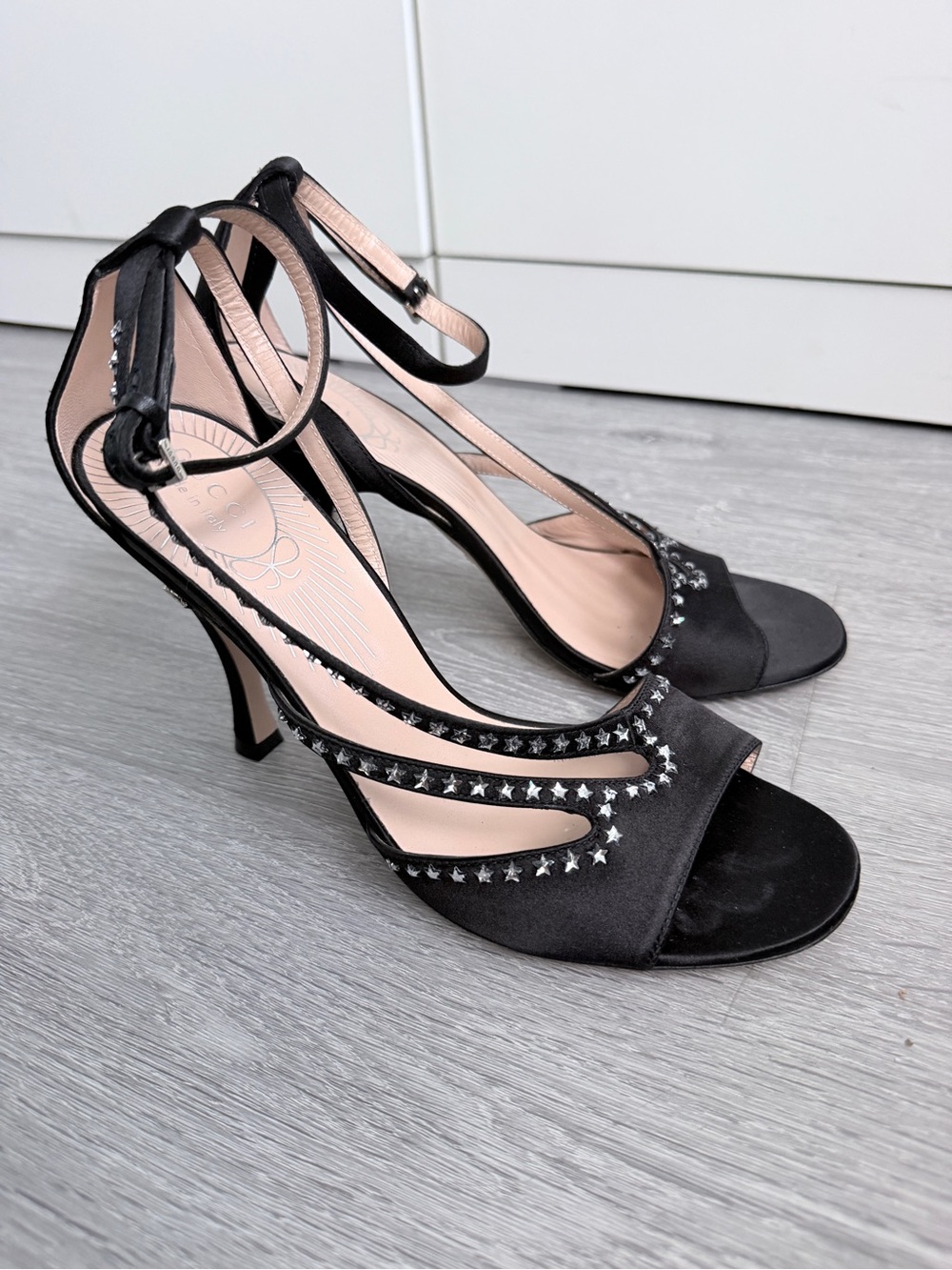 Gucci Black Star-Trim Ankle-Strap Satin Heels